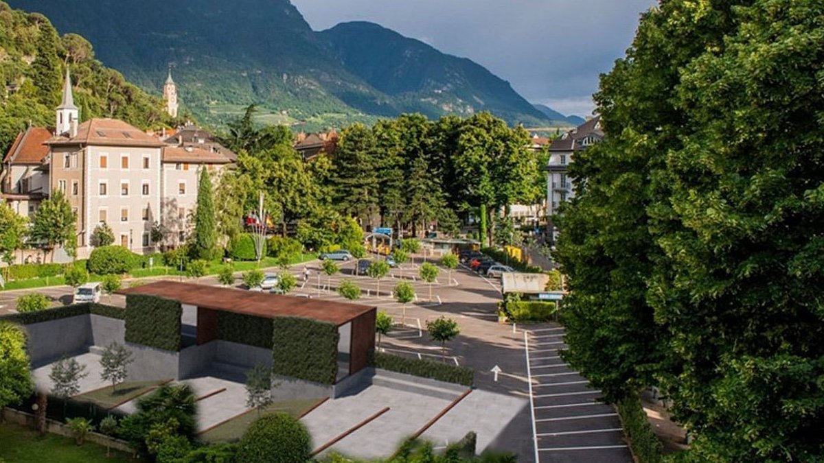 Rendering: la stazione a valle della funicolare Merano-Scena